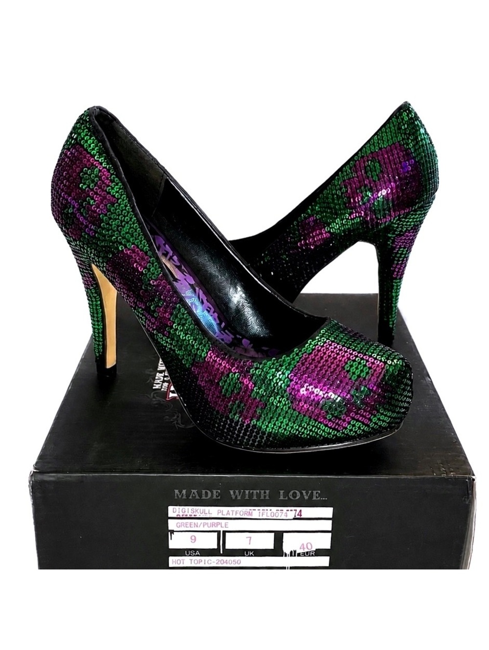 Iron Fist Digiskull Platform Pumps Green & Purple Sequin Skull Heels Size 9